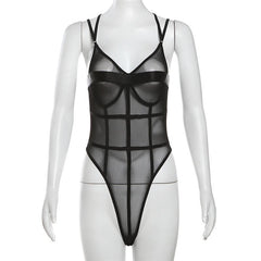 Stitch mesh patchwork cross back cami bodysuit