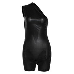 Irregular one shoulder metallic solid zip-up romper-final-sale