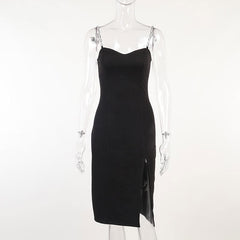 Metal chain v neck slit solid irregular backless midi dress-final-sale