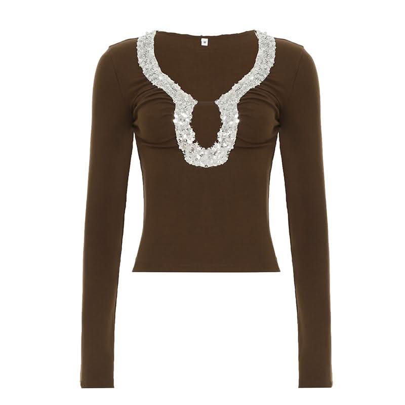 Long sleeve glitter hollow out cut out top