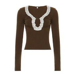 Long sleeve glitter hollow out cut out top