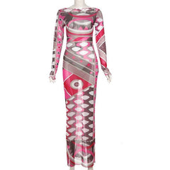 Long sleeve ruffle abstract mesh maxi dress-final-sale