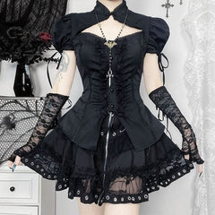 Hollow out button self tie lace hem ruched puff sleeve cut out top