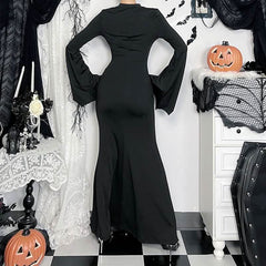 Long flared sleeve hollow out crewneck cut out maxi dress