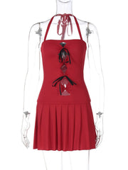 Halter bowknot ruched hollow out cut out mini dress