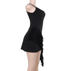 One shoulder ruffle flower applique mini dress