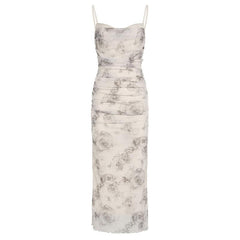Cowl neck ruched mesh slit flower print cami midi dress