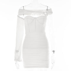 Solid one shoulder o ring hollow out mesh backless cut out mini dress-final-sale