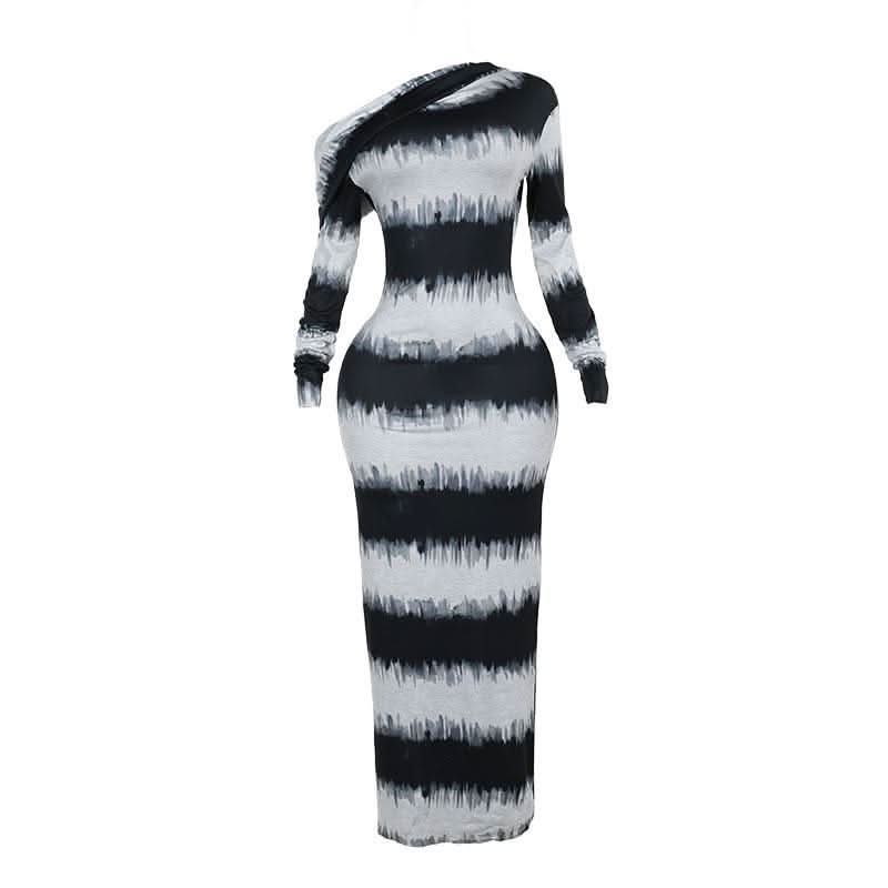 Irregular long sleeve one shoulder striped maxi dress-final-sale