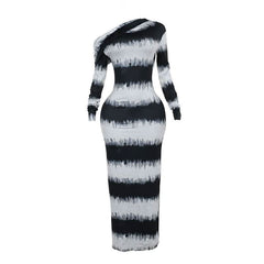 Irregular long sleeve one shoulder striped maxi dress-final-sale