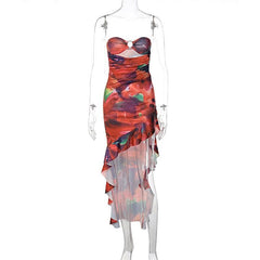 Ruffle o ring hollow out ruched irregular tube cut out midi dress