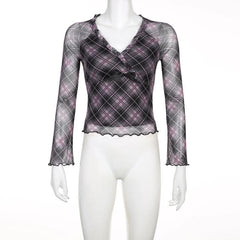 Plaid ruffle v neck mesh contrast top-final-sale