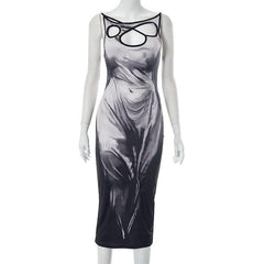 Hollow out abstract irregular sleeveless slit contrast cut out midi dress-final-sale