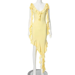 V neck ruffle solid knotted cami mini dress