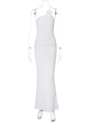 Flower applique one shoulder textured slit cami maxi dress