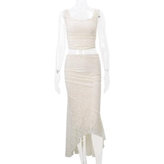 Sleeveless u neck backless lace up solid ruched midi skirt set