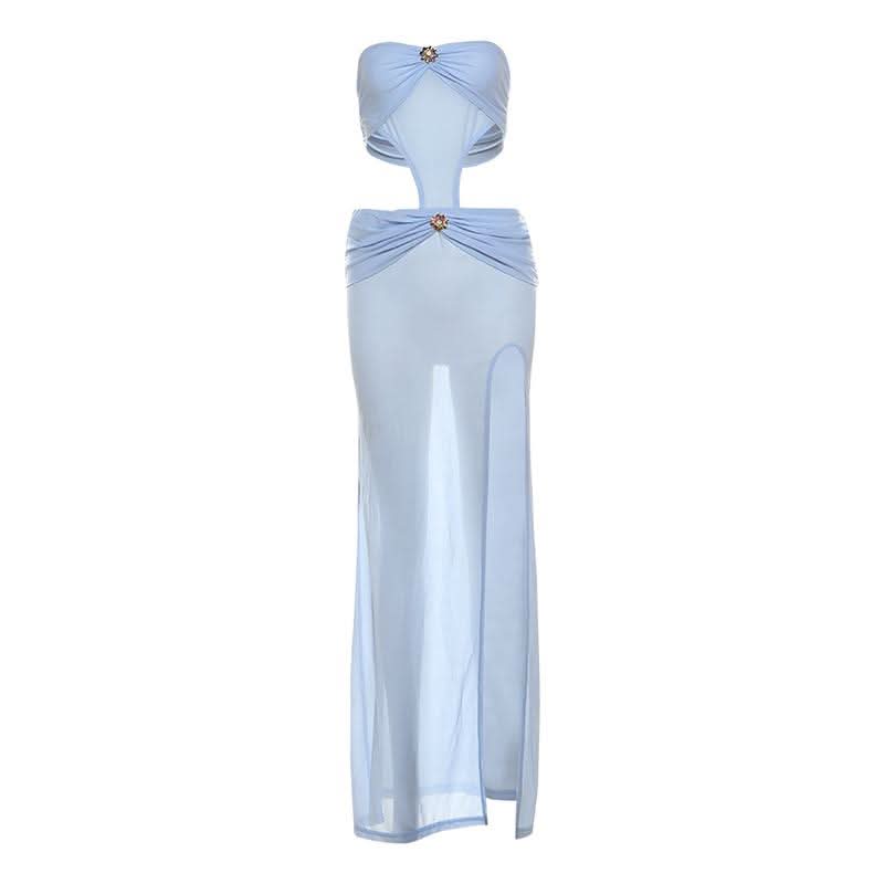 Hollow out slit ruched see through tube cut out maxi dress