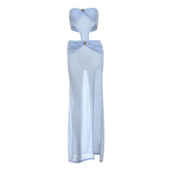 Hollow out slit ruched see through tube cut out maxi dress