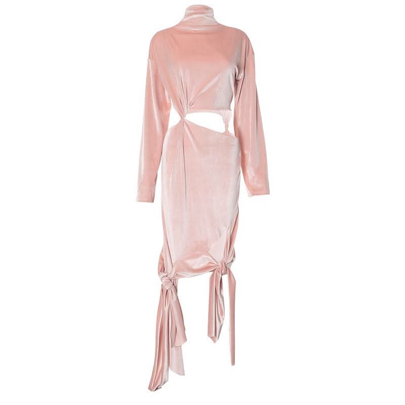 High neck long sleeve velvet hollow out knotted cut out midi dress