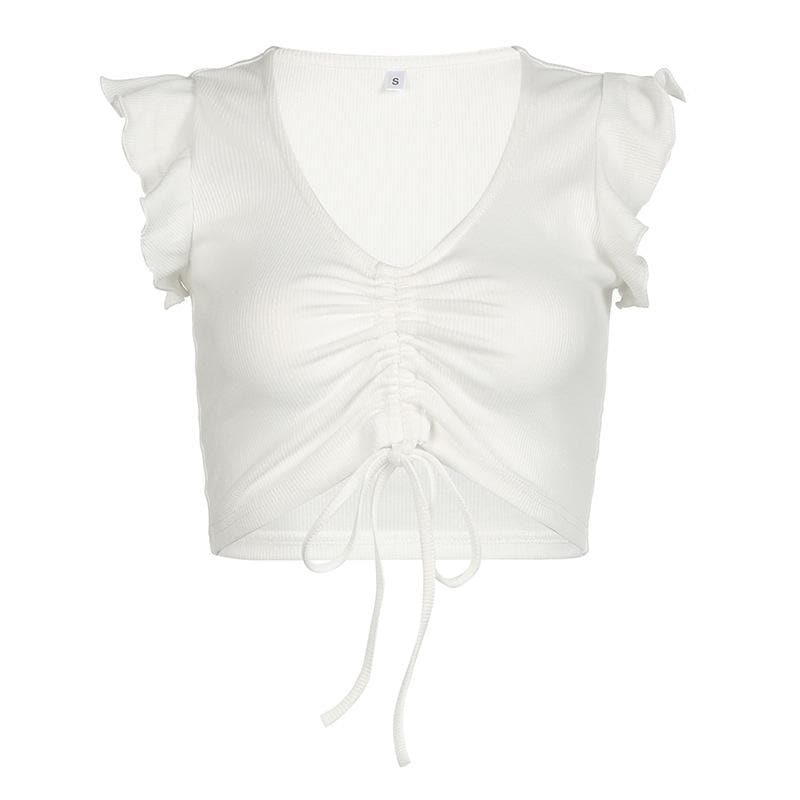 Cap sleeve drawstring ruched ribbed crop top