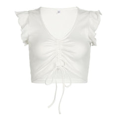 Cap sleeve drawstring ruched ribbed crop top