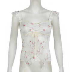 Lace hem bowknot ruched flower print cami top