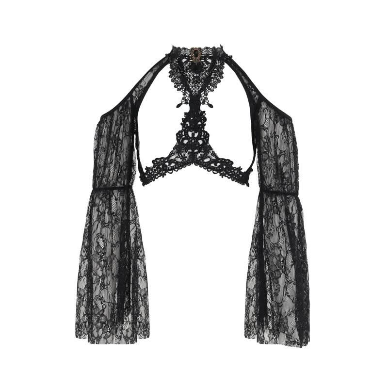 Long sleeve off shoulder lace hollow out shrug cut out top