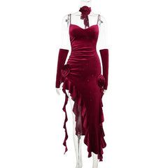 Irregular flower applique velvet v neck ruffle midi dress