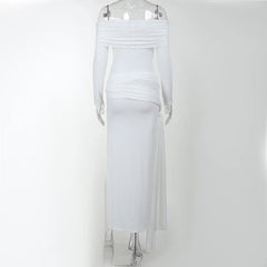 Cross front solid long sleeve off shoulder slit self tie maxi dress-final-sale