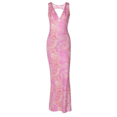 Sleeveless v neck print backless maxi dress