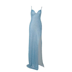 V neck high slit padded backless cami maxi dress
