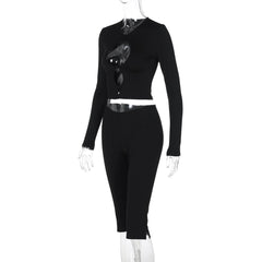 Long sleeve hollow out bowknot pant set