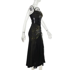Square neck ruched lace up lace hem maxi dress