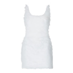 U neck fluffy zip-up backless cami mini dress