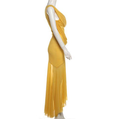 Irregular mesh v neck ruched solid cami maxi dress