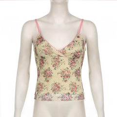 V neck lace flower print cami top