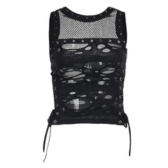 Crewneck fishnet buckle hollow out lace up tank cut out top