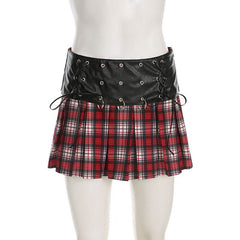 PU leather plaid pleated metal applique self tie mini skirt