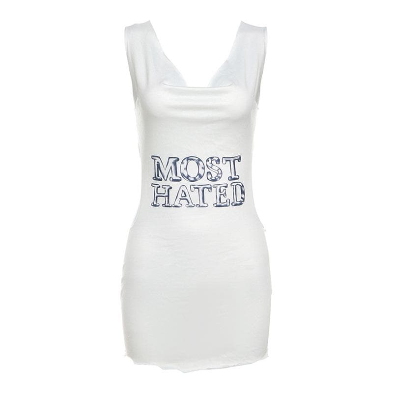 Letter print contrast cowl neck sleeveless metal chain mini dress