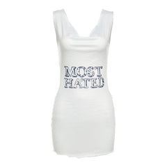 Letter print contrast cowl neck sleeveless metal chain mini dress