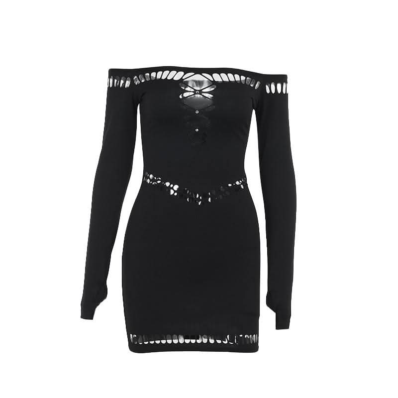 Off shoulder long sleeve gloves hollow out cut out mini dress