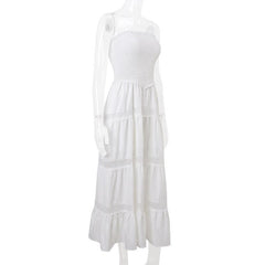 Smocked ruched lace patchwork tube midi dress