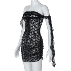 Off shoulder ruffle lace bowknot see through mini dress