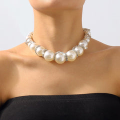 Faux pearl rhinestone beaded choker necklace