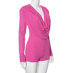 Cowl neck low cut long sleeve ruched solid romper
