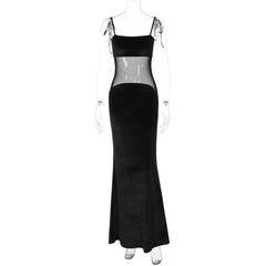 Self tie mesh patchwork backless velvet solid cami maxi dress-final-sale