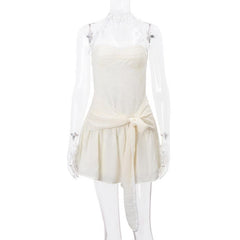 Halter sweetheart neck chiffon ruched bowknot zip-up mini dress