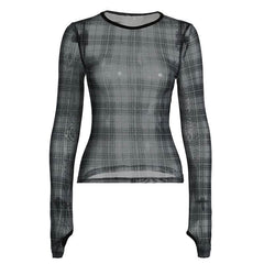 Long sleeve plaid crewneck mesh top