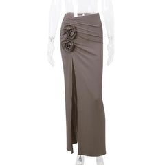 Ruched high slit flower applique irregular solid maxi skirt-final-sale