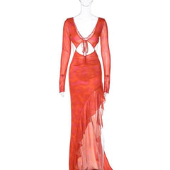 Long sleeve solid mesh slit v neck ruffle hollow out cut out maxi dress-final-sale